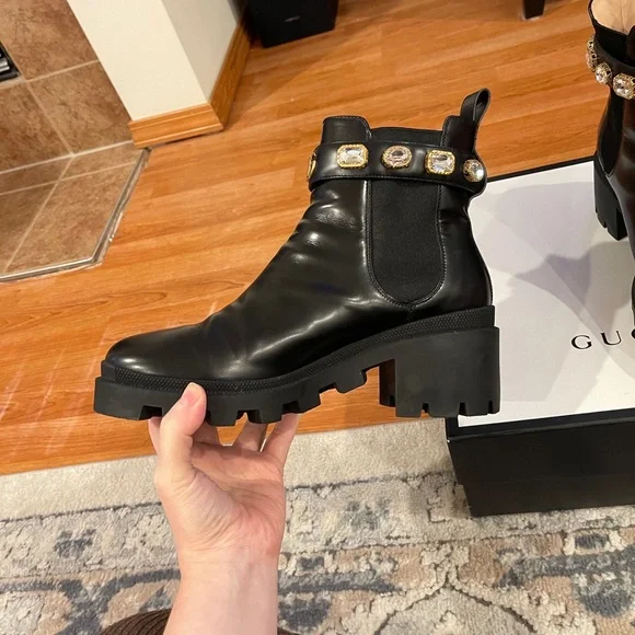 Gucci Women's Black Ankle Boots with Gold Accents - Picture 7 of 16